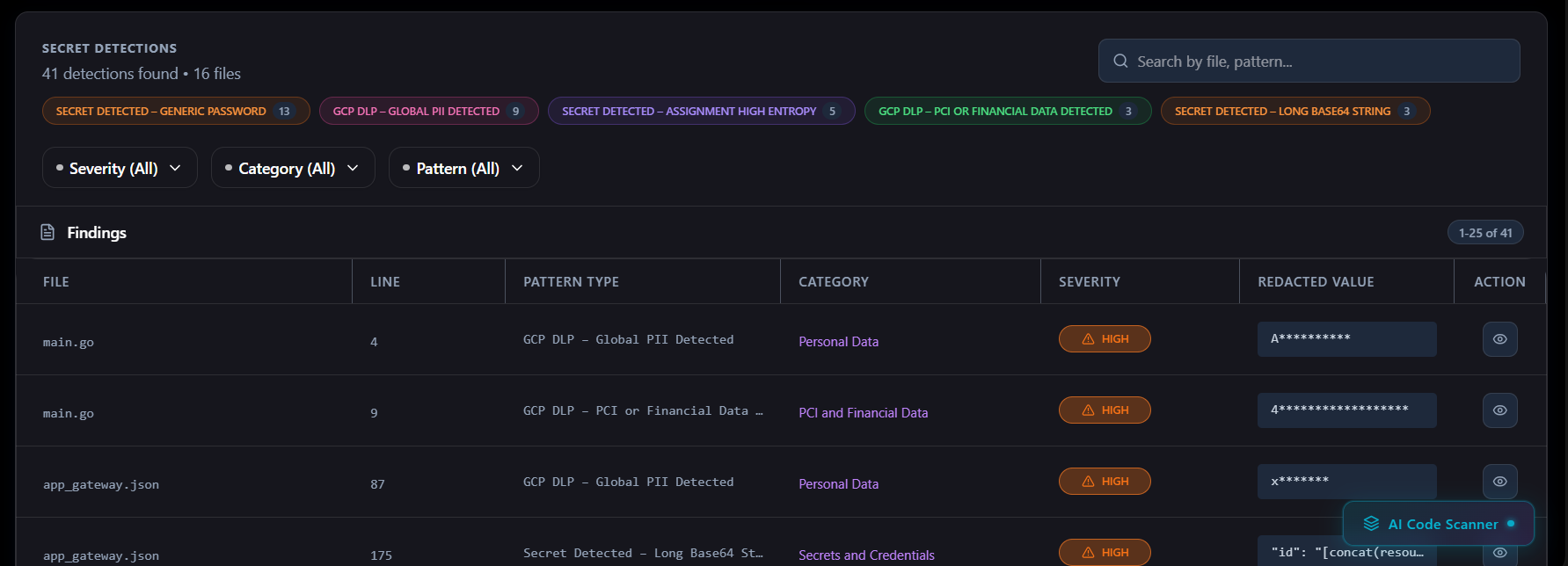 Secret detections table with file, line, category, severity, and redacted evidence